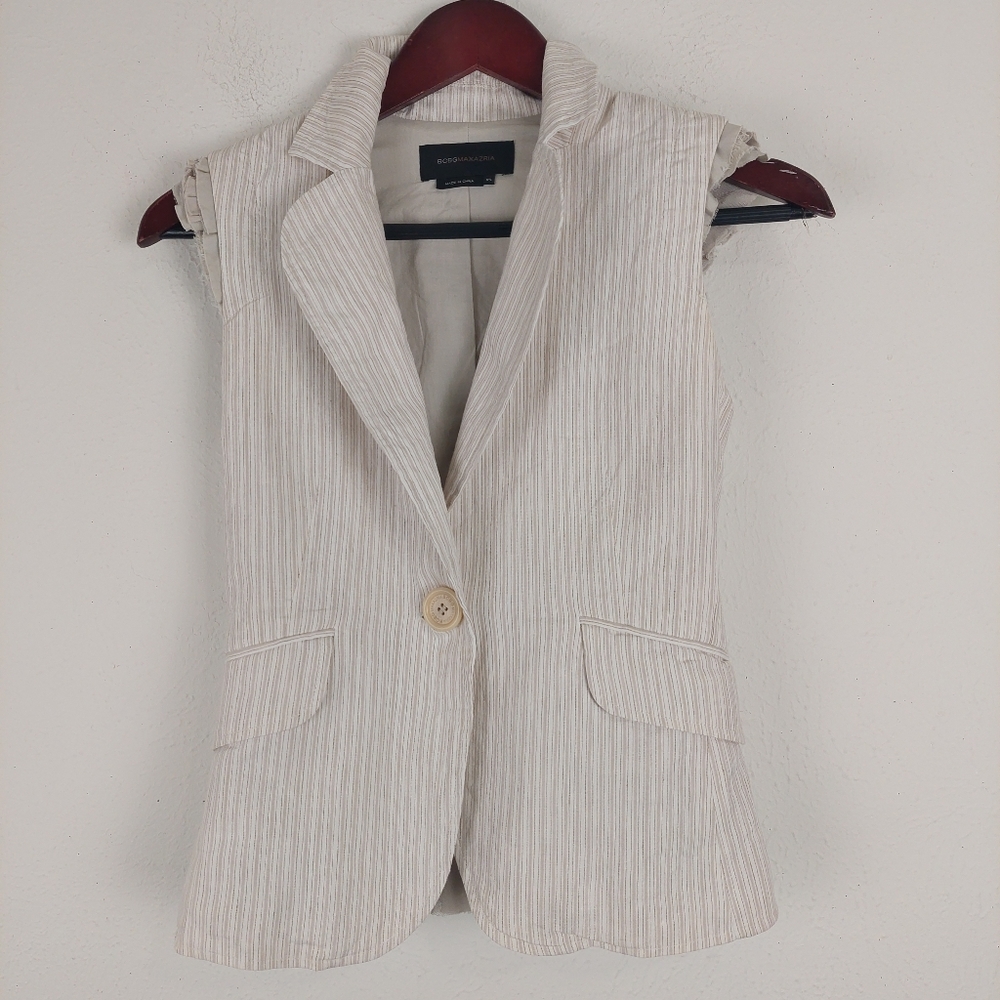 BCBGMAXAZRIA Beige & Tan Pin Stripe Sleeveless Ruffled Vest Linen Blend Size XS.